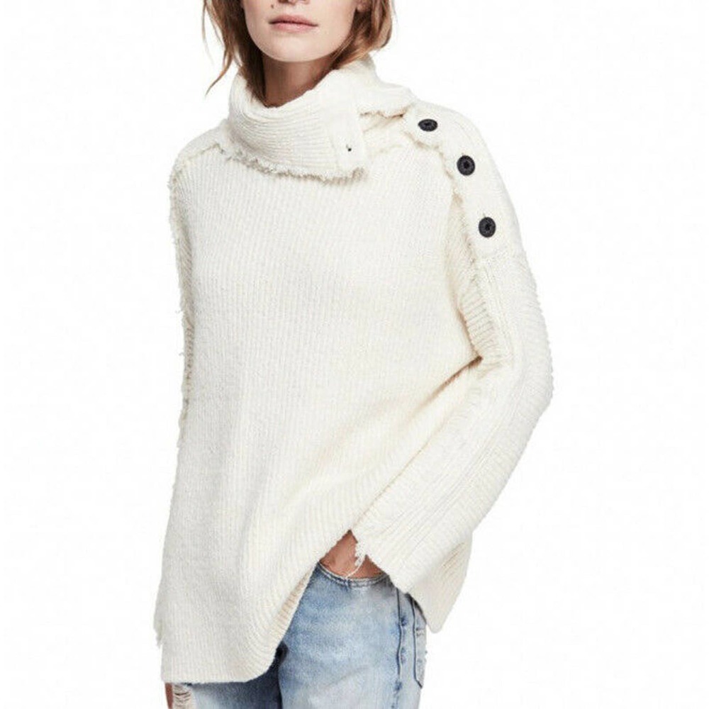 Free People On My Side High Neck Button-Trim White Oversized Chunky Sweater